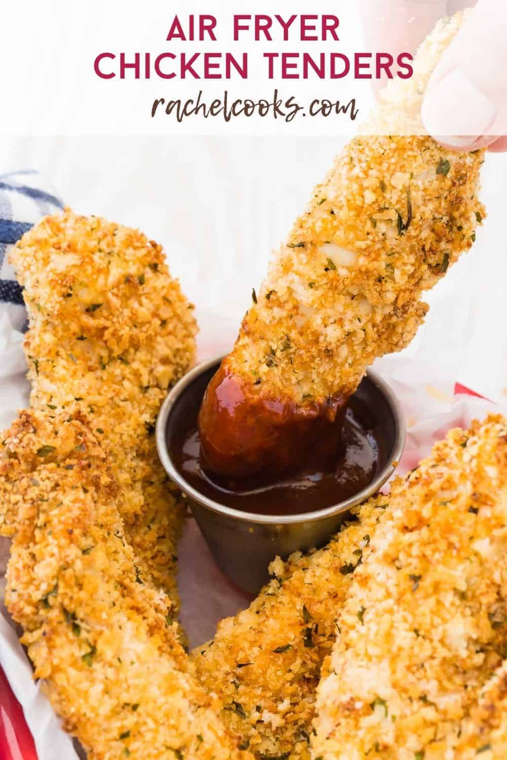 Breaded chicken in a basket, text overlay reads "air fryer chicken tenders, rachelcooks.com"