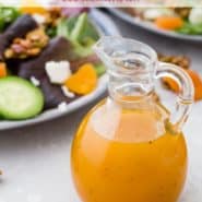 Bright orange salad dressing in a jar, text overlay reads "easy apricot vinaigrette dressing, rachelcooks.com"