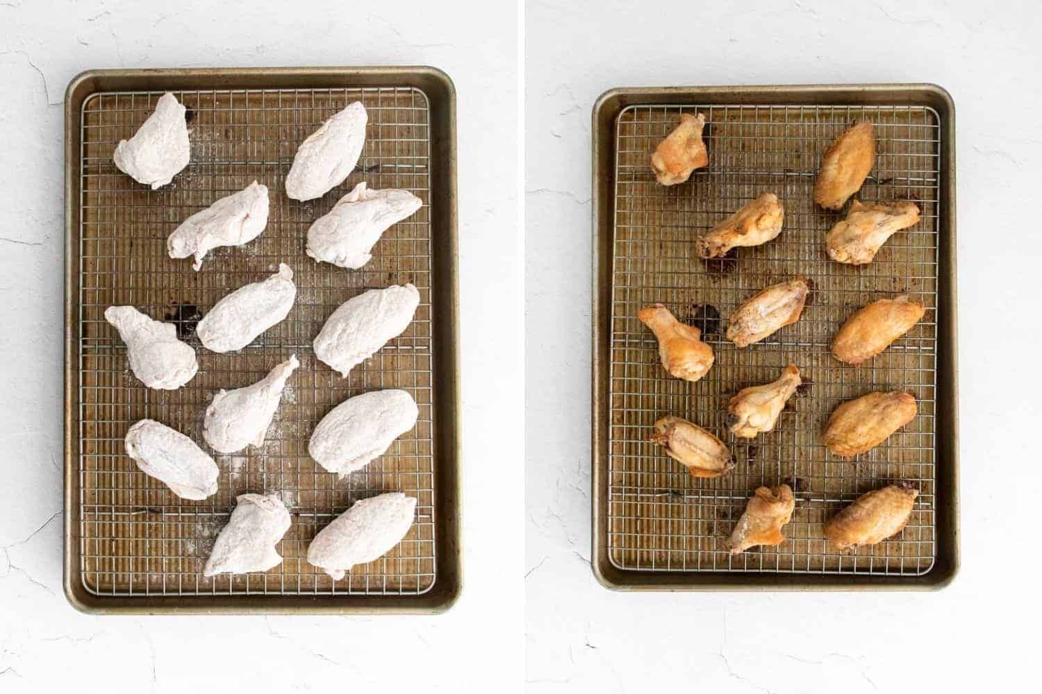 Wing on a baking sheet, unbaked on left, baked on right.