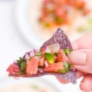 Vibrantly colored salsa and chips, text overlay reads "citrus salsa - perfect on fish tacos! rachelcooks.com"