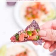 Vibrantly colored salsa and chips, text overlay reads "citrus salsa - perfect on fish tacos! rachelcooks.com"