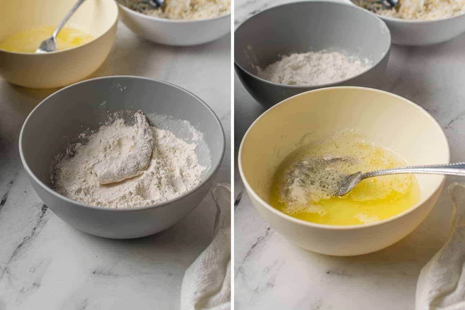 Shrimp being dipped in flour on the left, egg on the right.