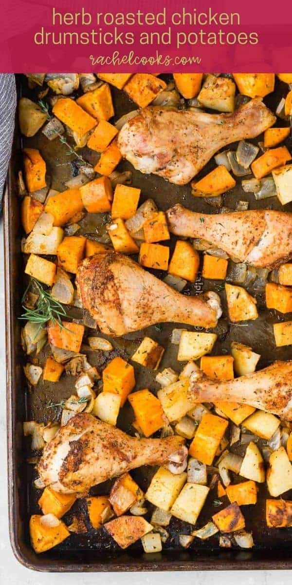 Drumsticks and potatoes on a pan, text overlay reads "herb roasted chicken drumsticks & potatoes, rachelcooks.com"