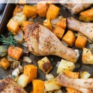 Drumsticks and potatoes on a pan, text overlay reads "herb roasted chicken drumsticks & potatoes, rachelcooks.com"