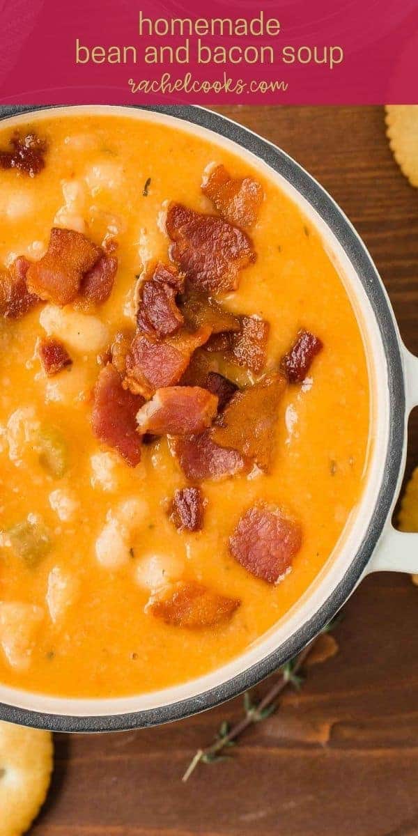 Soup in a white two-handled bowl, text overlay reads "homemade bean and bacon soup, rachelcooks.com"