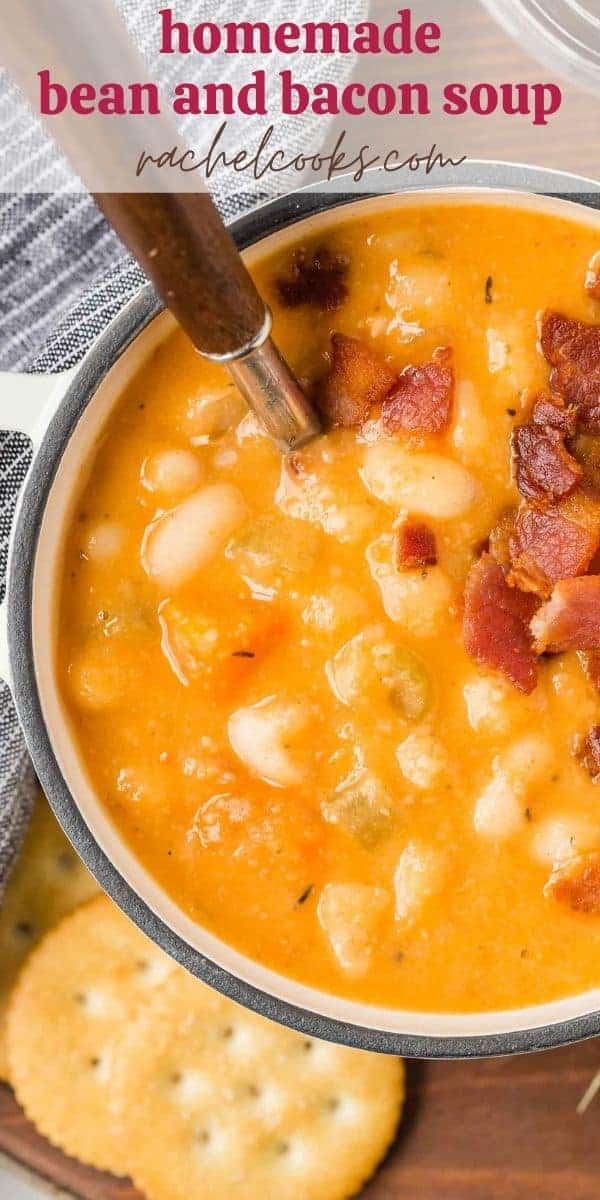 Soup in a white two-handled bowl, text overlay reads "homemade bean and bacon soup, rachelcooks.com"