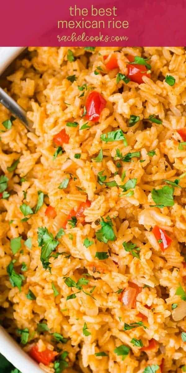 Colorful red rice, text overlay reads "easy mexican rice"