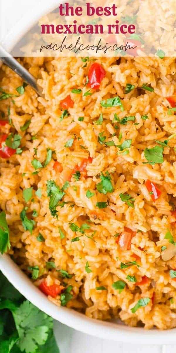 Colorful red rice, text overlay reads "easy mexican rice"
