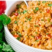 Colorful red rice, text overlay reads "easy mexican rice"