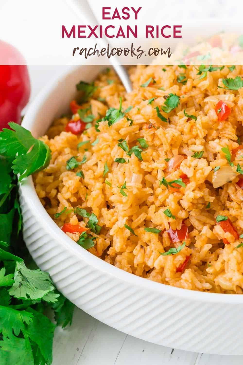 Colorful red rice, text overlay reads "easy mexican rice"