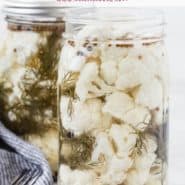 Cauliflower in a jar, text overlay reads "pickled cauliflower, rachelcooks.com"