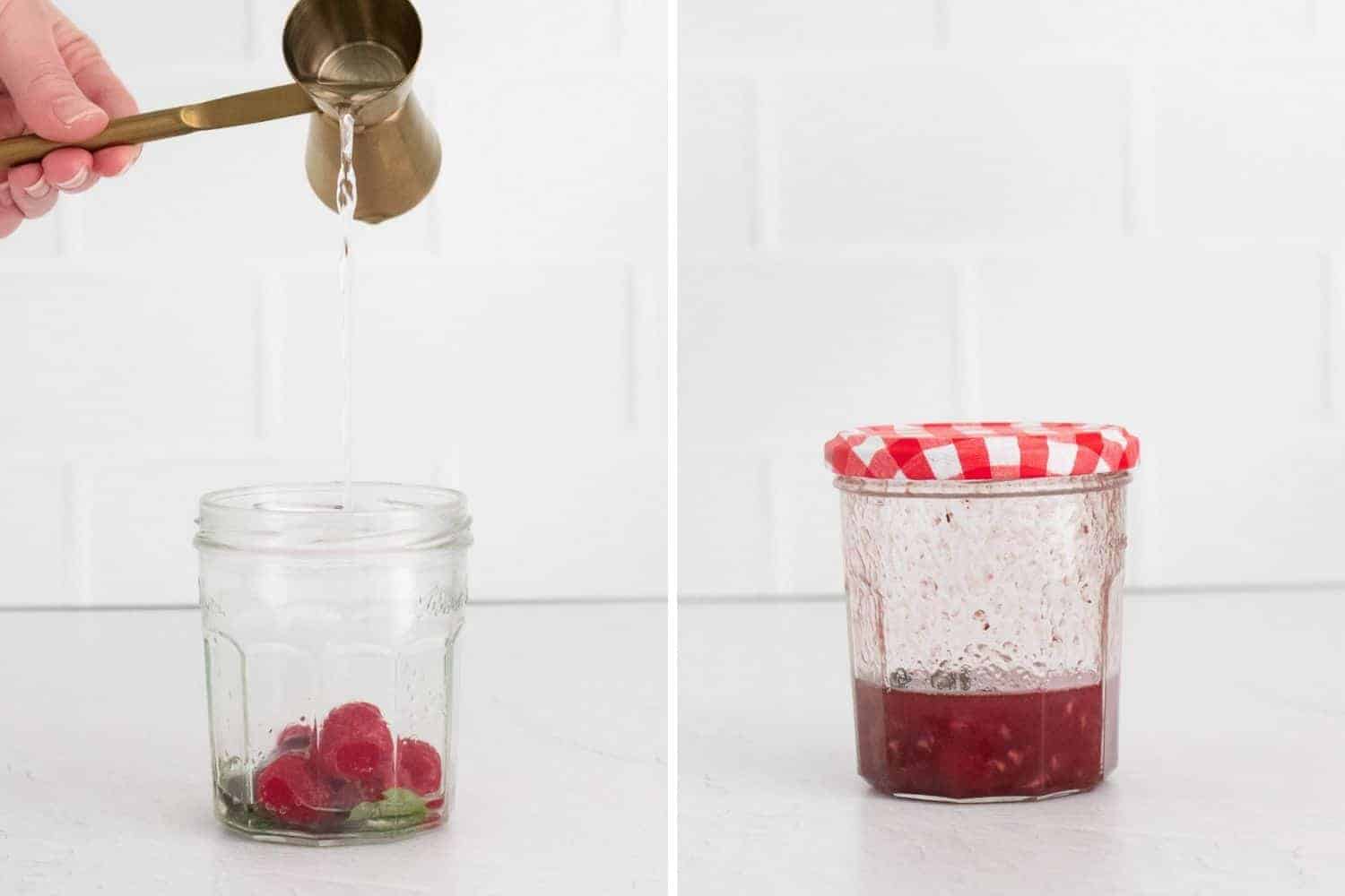 Two images, syrup being poured into a jar with raspberries, and then smashed raspberries in a jar.