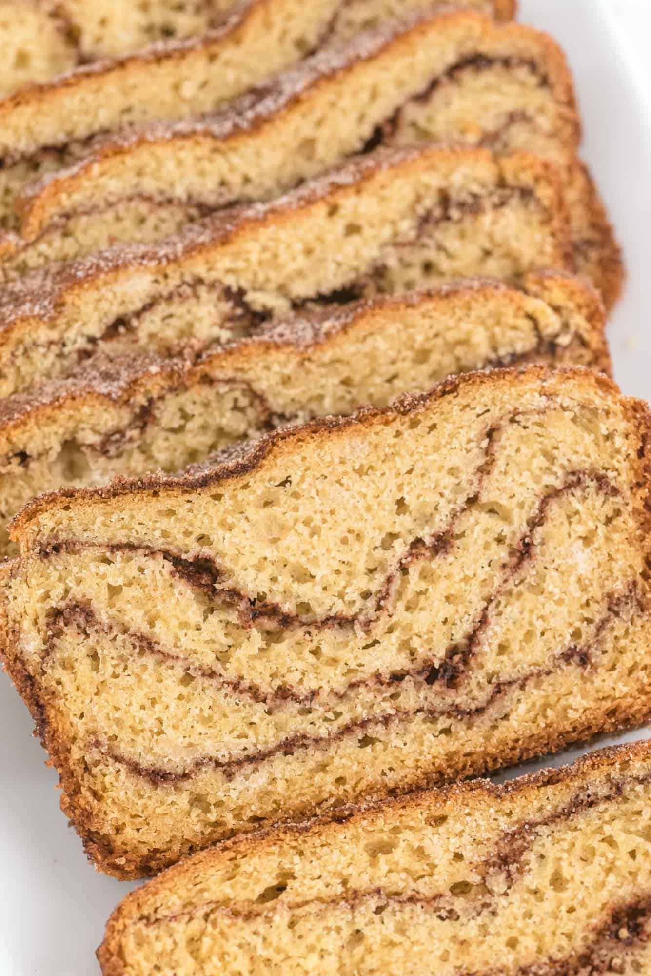 Close up of sliced cinnamon bread.