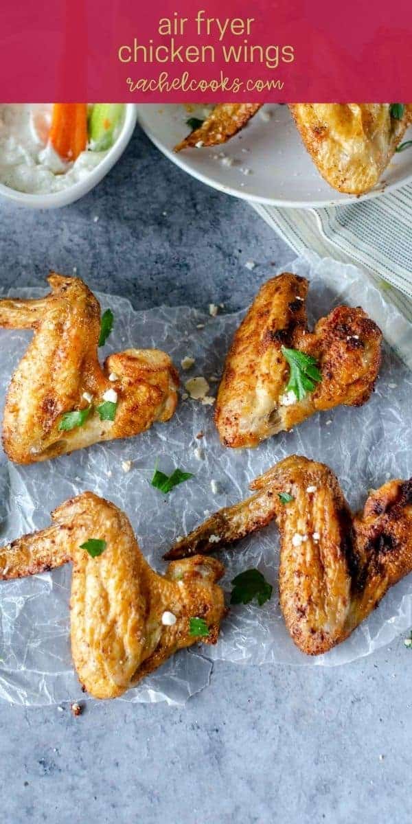 Cooked wings, text overlay reads "how to make air fryer chicken wings"