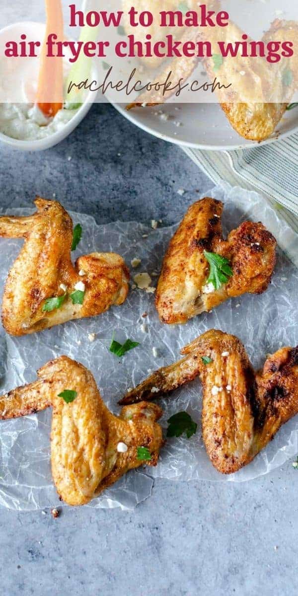 Cooked wings, text overlay reads "how to make air fryer chicken wings"
