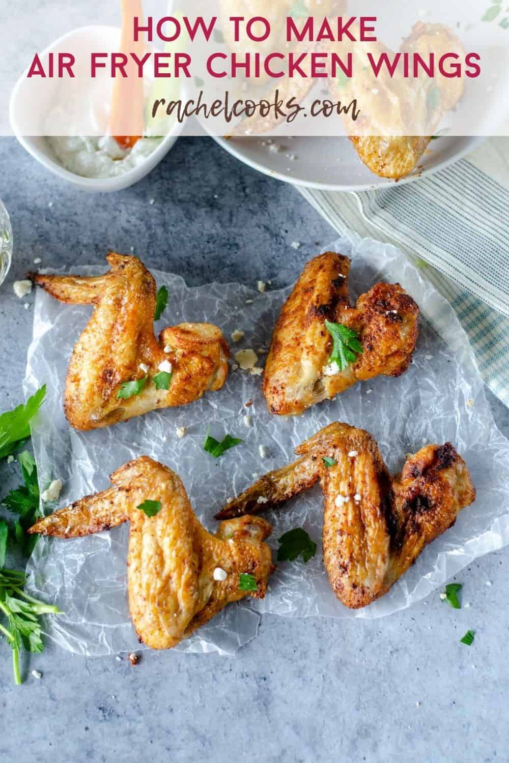 Cooked wings, text overlay reads "how to make air fryer chicken wings"