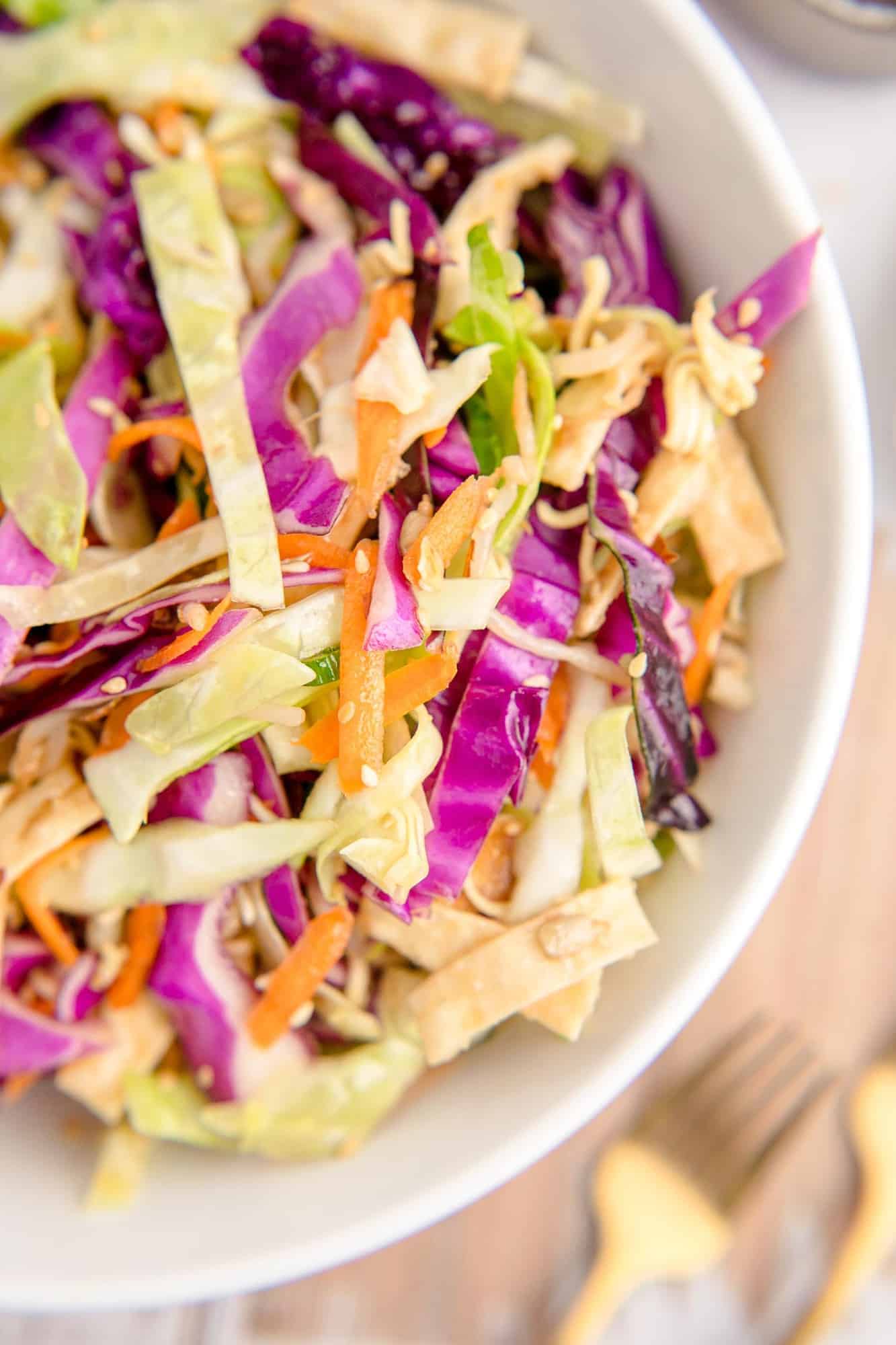 Close up of cabbage, wonton strips, carrots and more in a white bowl.