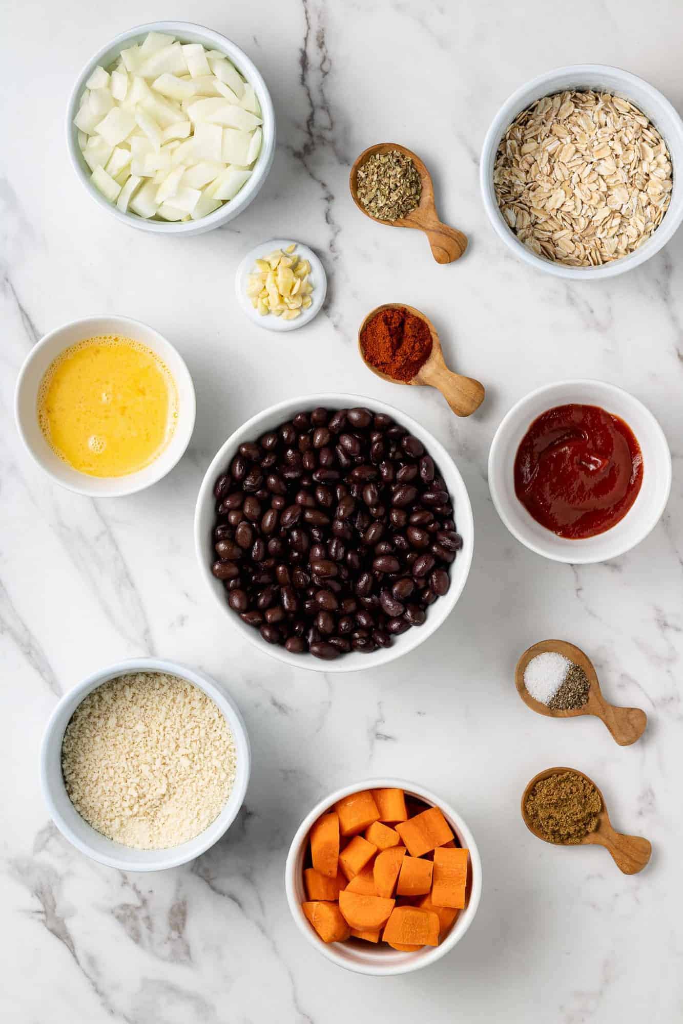 Overhead view of bean burger ingredients.