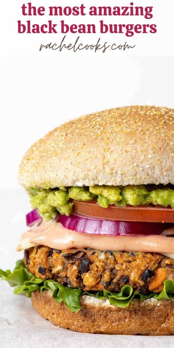 Close up of a vegetarian burger, text overlay reads "the best black bean burger."