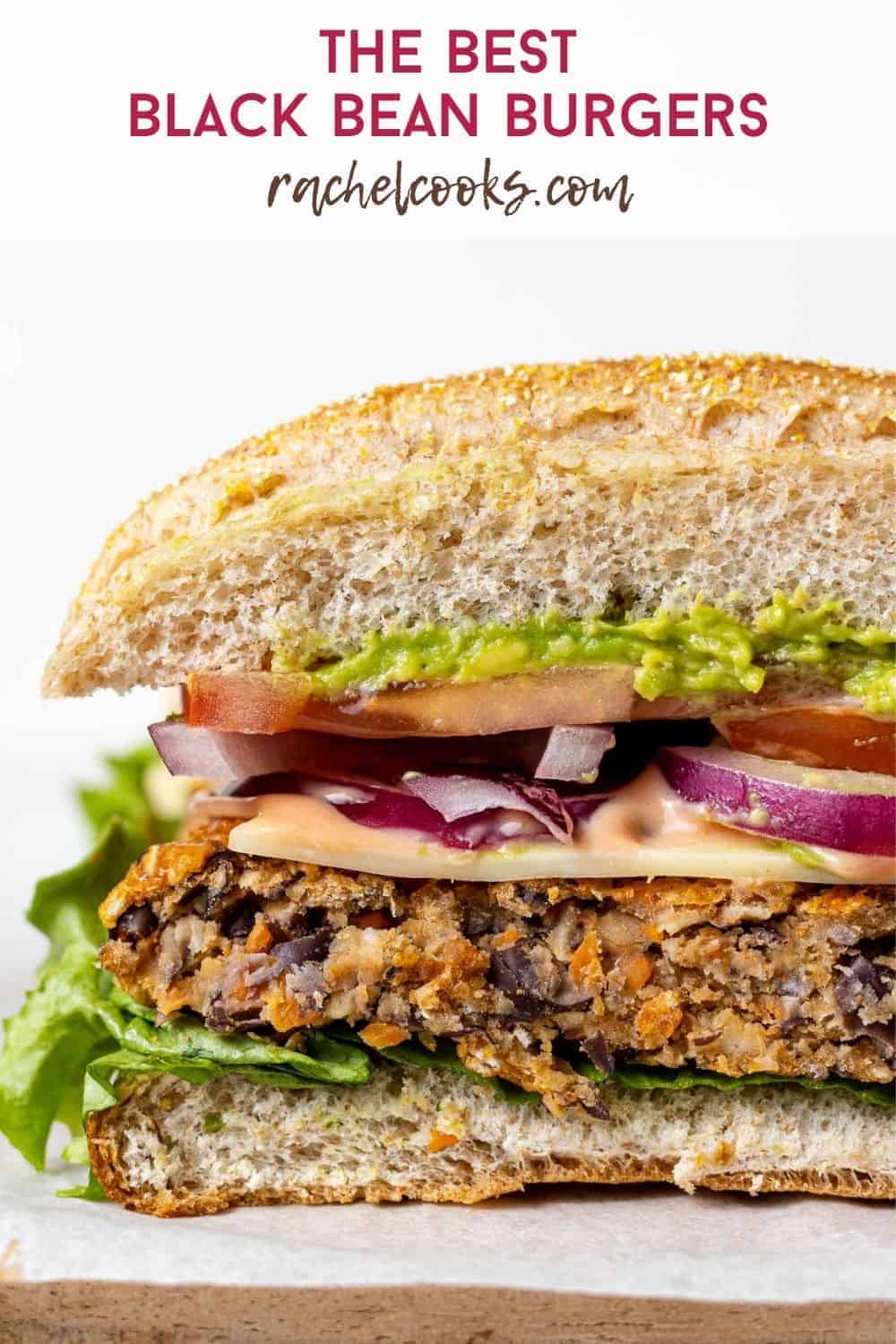 Burger with a text overlay that reads "the best black bean burgers."