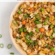 Fried rice in a bowl, text overlay reads "easy fried rice, rachelcooks.com"