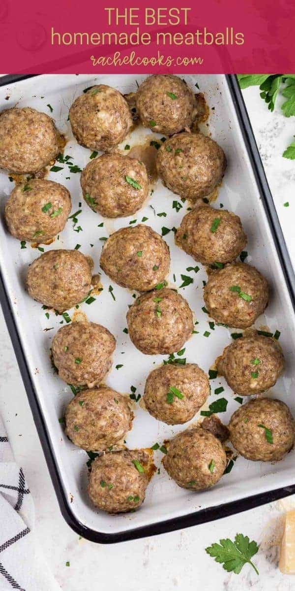 Meatball with no sauce, text overlay reads "the best homemade meatballs, rachelcooks.com"