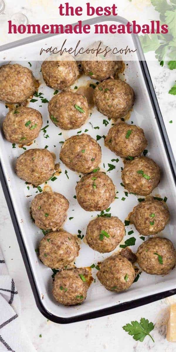 Meatball with no sauce, text overlay reads "the best homemade meatballs, rachelcooks.com"