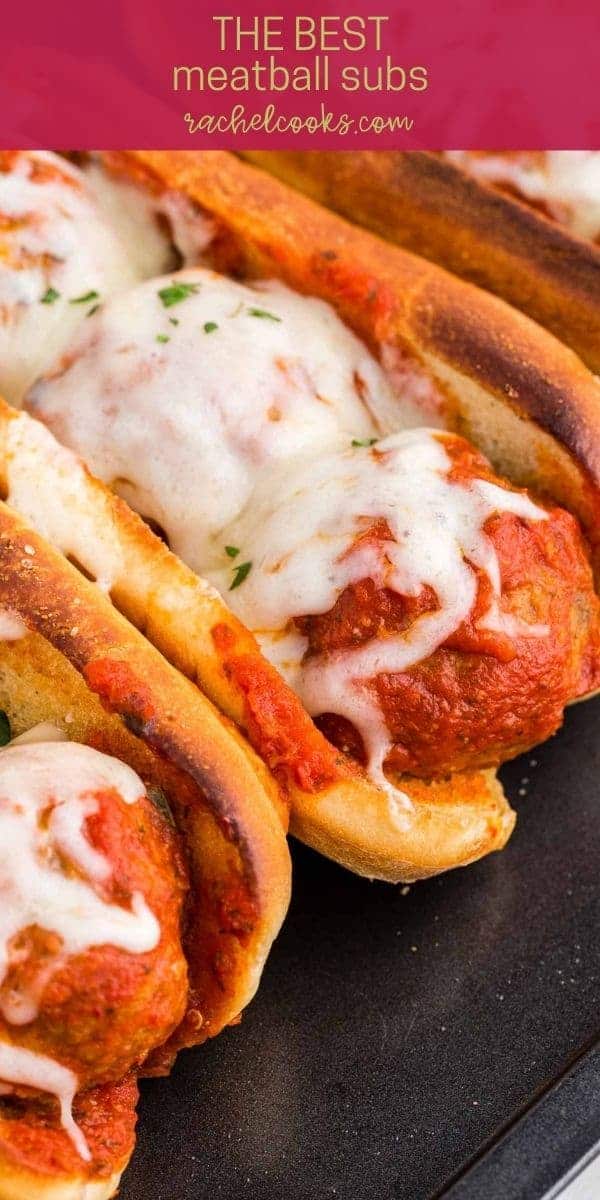 Cheesy meatballs in a bun, text overlay reads "the best meatball subs, rachelcooks.com"