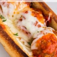 Cheesy meatballs in a bun, text overlay reads "the best meatball subs, rachelcooks.com"