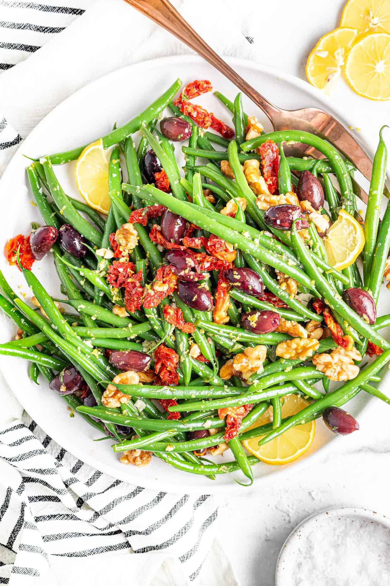 Green bean salad with kalamata olives, walnuts, and sun dried tomatoes.