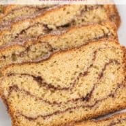 Bread with cinnamon swirl, text overlay reads "homemade snickerdoodle bread, rachelcooks.com"
