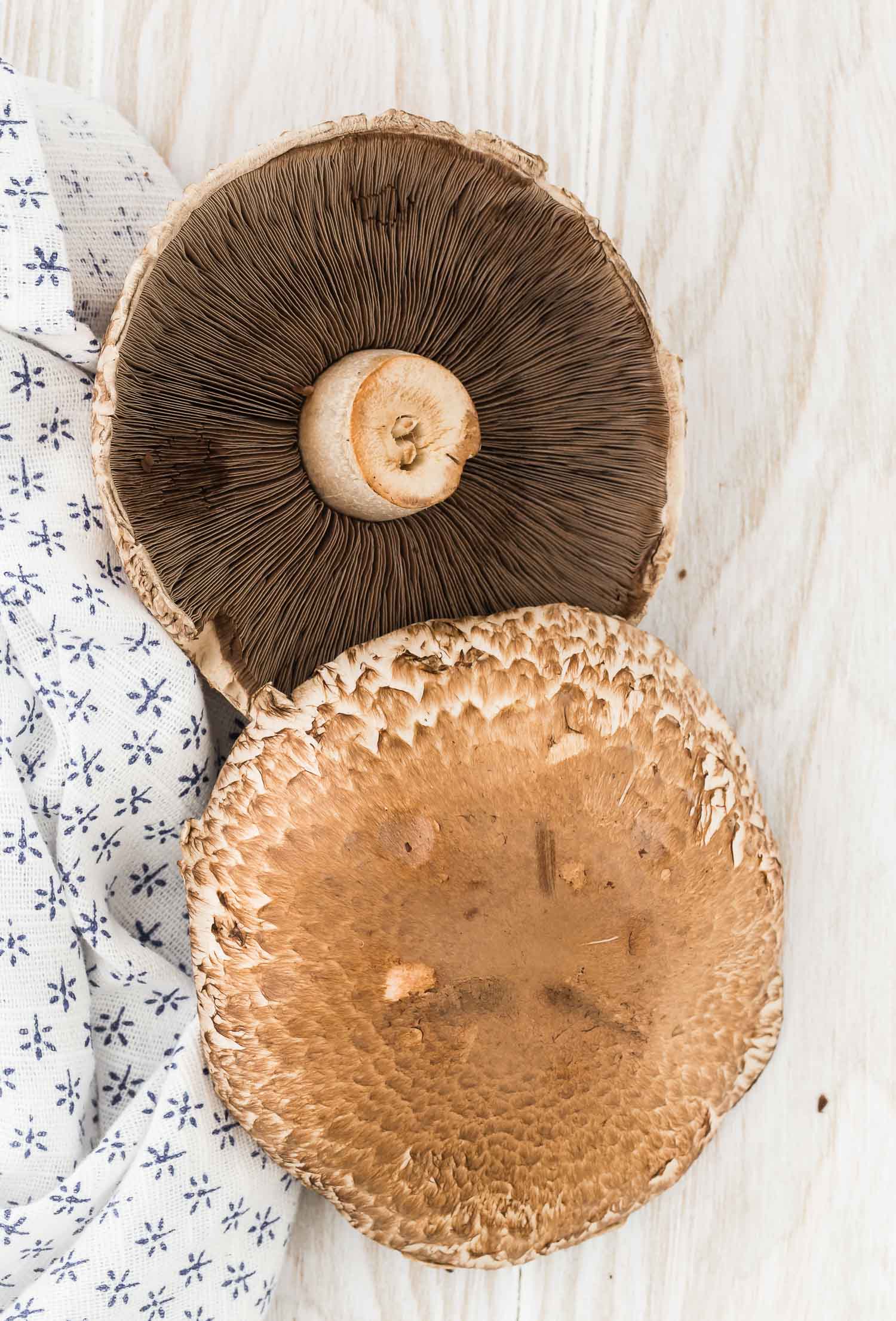 Two portobello mushrooms on wooden surface, one mushroom flipped upside down to show gills.