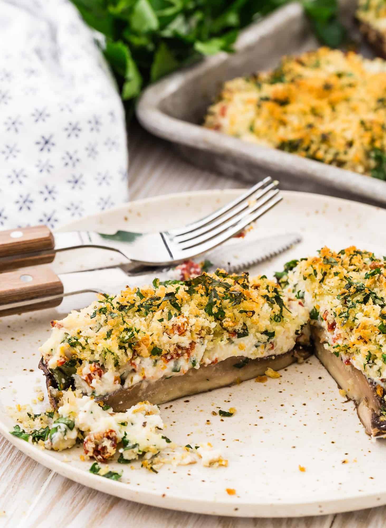 Stuffed mushroom, cut open to show filling contents.