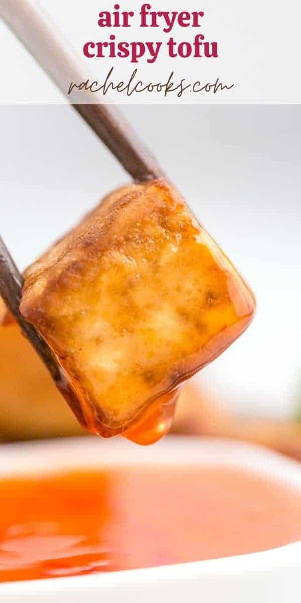Tofu and chopsticks, text overlay reads "air fryer crispy tofu, rachelcooks.com"