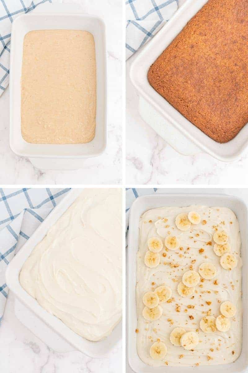 Four pictures of cake, one unbaked, one baked, one frosted, one frosted and topped with slice bananas.