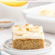 Cake on a plate, text overlay reads "the best homemade banana cake, rachelcooks.com"