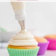 Frosting being piped on a cupcake, text overlay reads "the best homemade cream cheese frosting, rachelcooks.com"