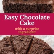 Slice of cake, text overlay reads, "easy chocolate cake."