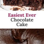 Slice of cake, text overlay reads, "easiest ever chocolate cake."