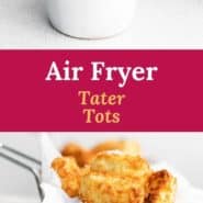 Tots in a basket, text overaly reads "air fryer tater tots"