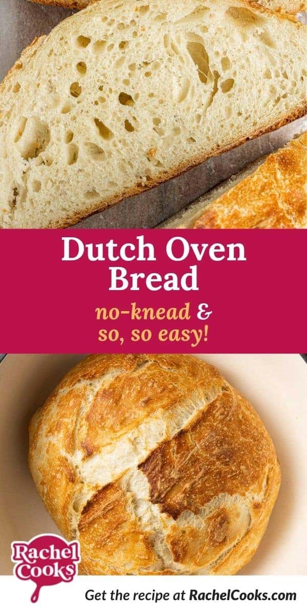 Two images of bread, text overlay reads "dutch oven bread, no-knead & so, so easy!"