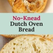 Two images of bread, text overlay reads "no-knead dutch oven bread."