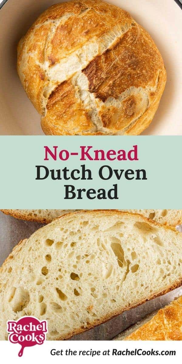 Two images of bread, text overlay reads "no-knead dutch oven bread."