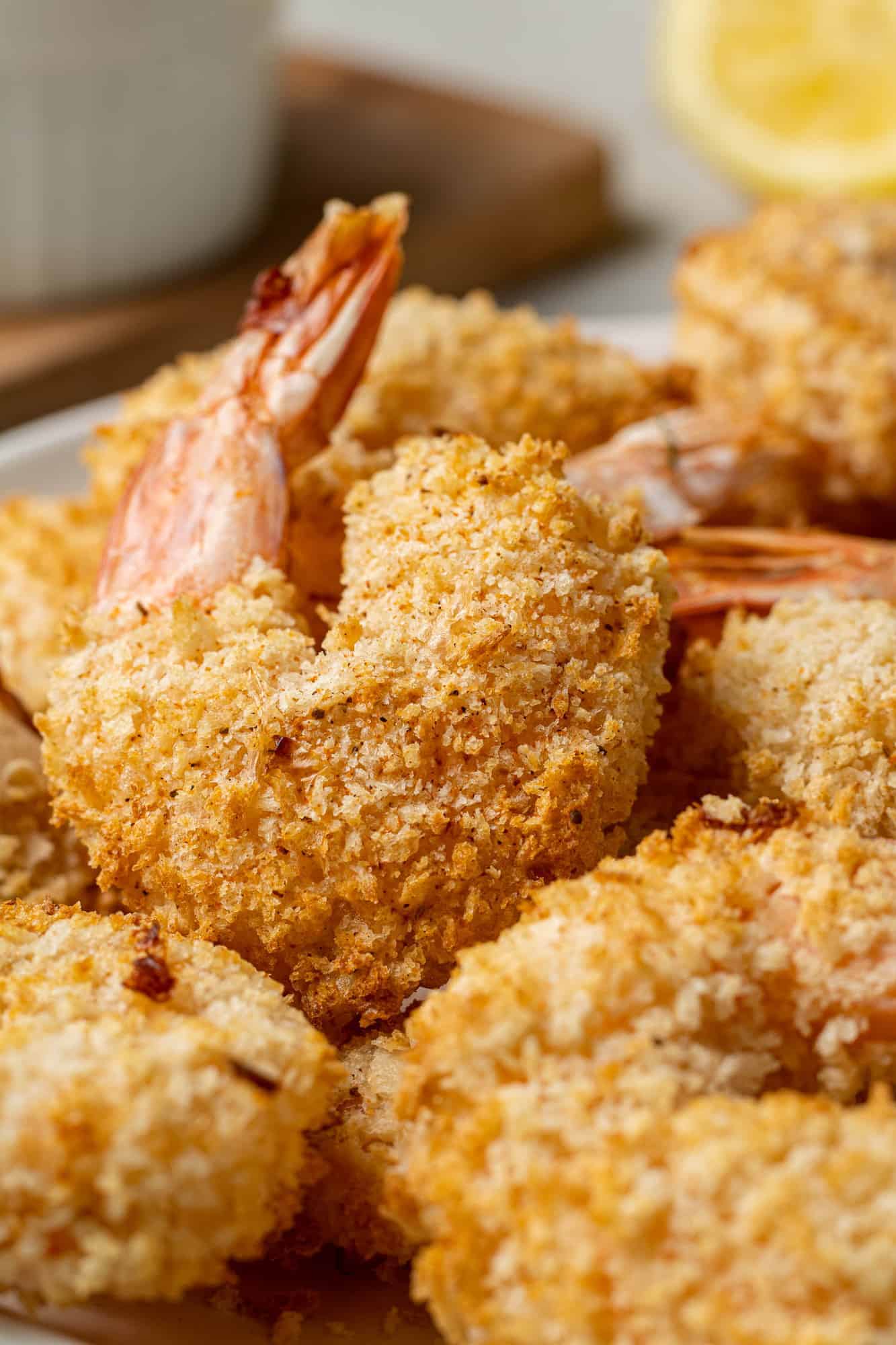 Close up of breaded air fryer shrimp.