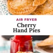 Photos of small pies, text overlay reads "air fryer cherry hand pies, pancakerecipes.com."