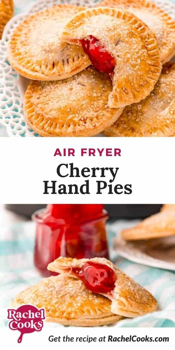 Photos of small pies, text overlay reads "air fryer cherry hand pies, pancakerecipes.com."