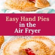 Photos of small pies, text overlay reads "air fryer cherry hand pies, pancakerecipes.com."