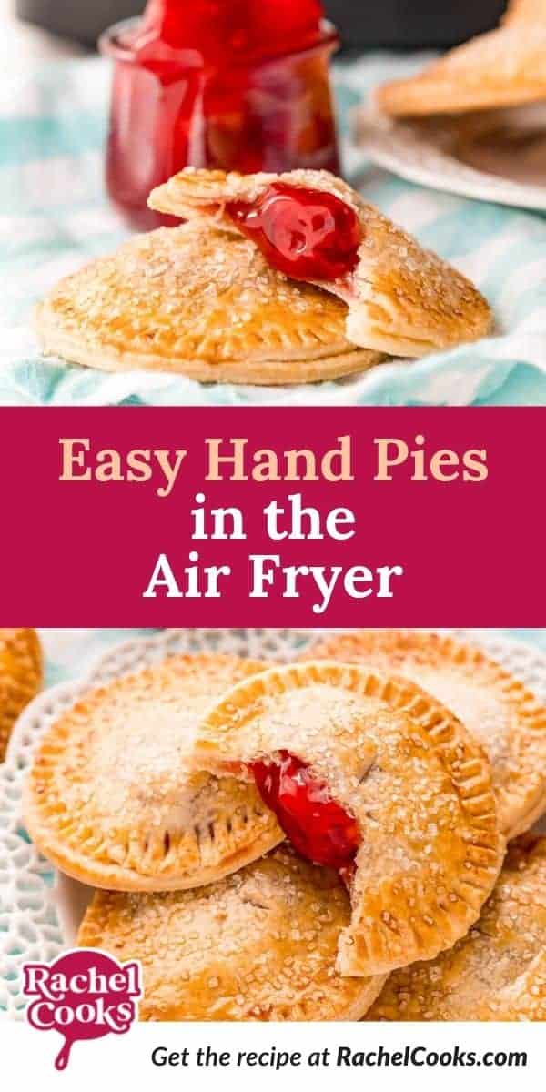 Photos of small pies, text overlay reads "air fryer cherry hand pies, pancakerecipes.com."