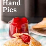 Photos of small pies, text overlay reads "air fryer cherry hand pies, pancakerecipes.com."