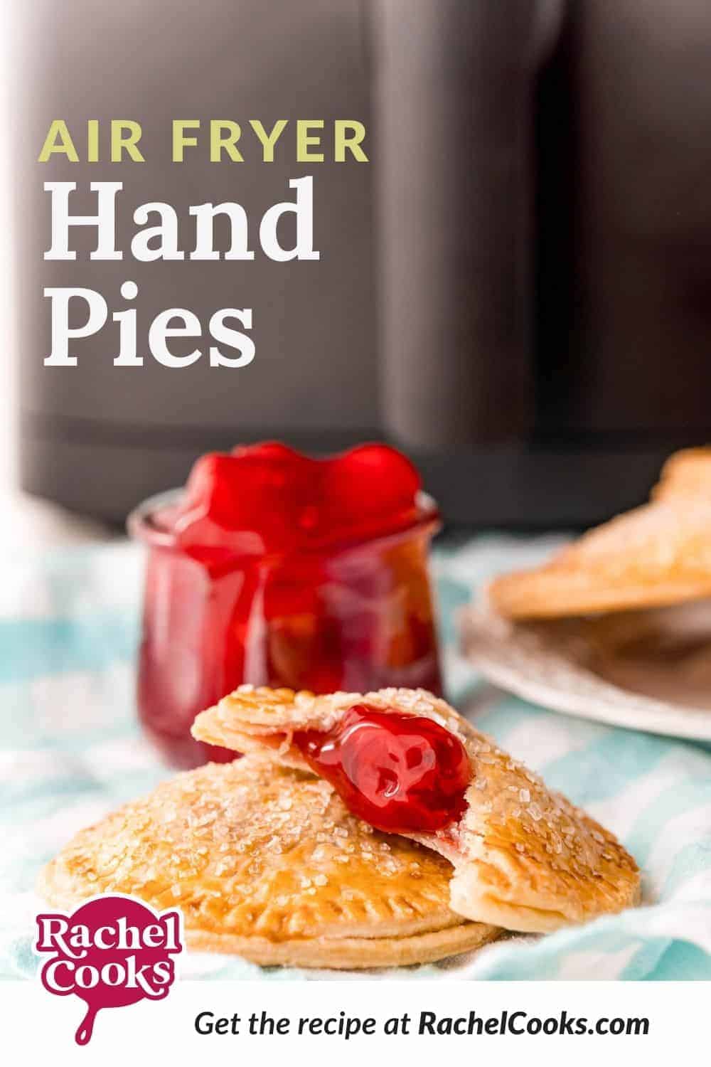 Photos of small pies, text overlay reads "air fryer cherry hand pies, pancakerecipes.com."